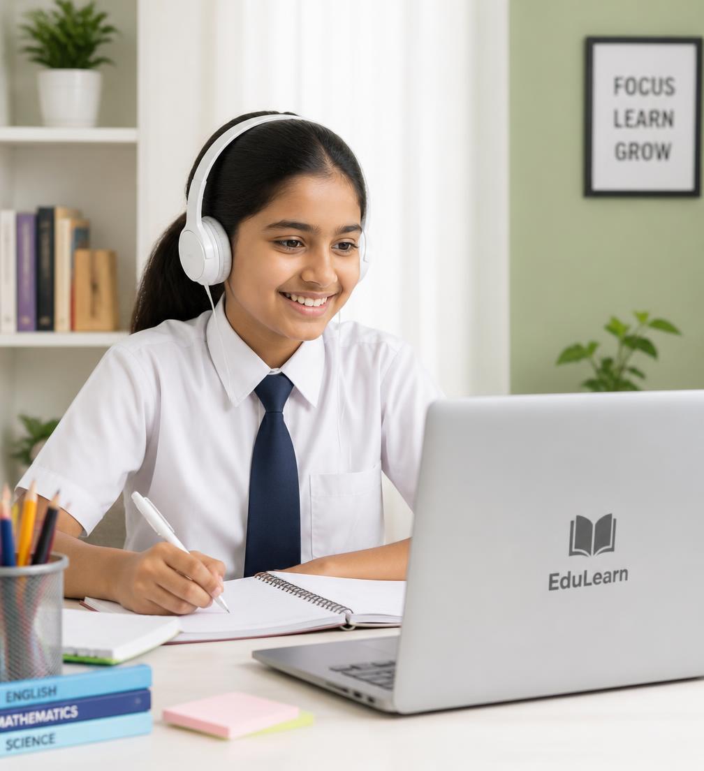Student attending a live online tuition class on a laptop
